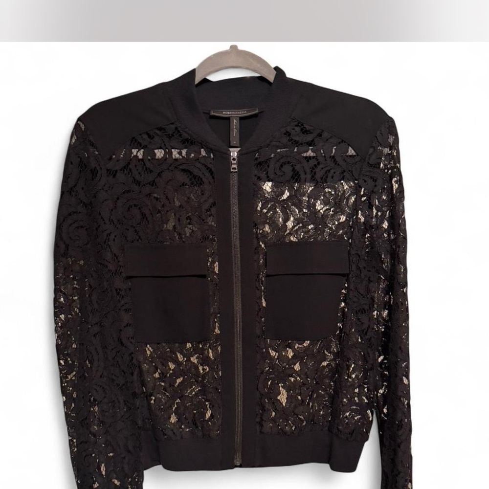 BCBGMAXAZRIA Stunning Black Lace Bomber Jacket